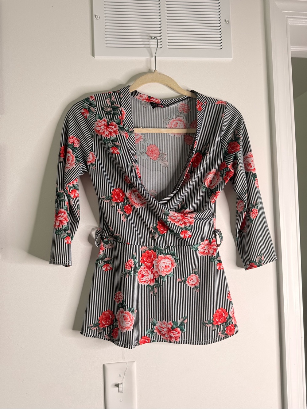 Striped Floral Wrap-Style Top with Red Roses